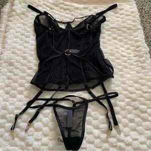 Foreplay Sheer Black Bustier with Garter and Thong Set, Size Small, NWT